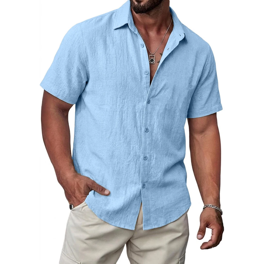 

Men Cotton Linen T-shirts Men's Short-Sleeved Shirts Solid Color Turn-down Collar Casual Beach Summer Shirts Plus Size Tops