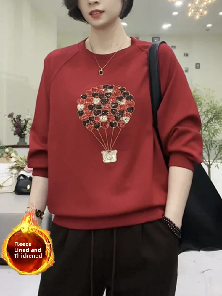 Autumn Winter New round Ne Loose  Balloon Anti-Aging Long Sve  Thiened Women's Fce Mom's Sweatirt Ca...