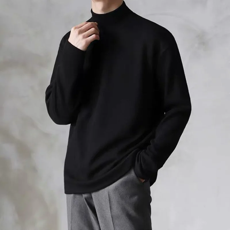 Long Sleeve Men's New Casual Loose Korean Half High Collar Tops Tees Spring Autumn Solid All-match Bottoming Shirt Men Clothing