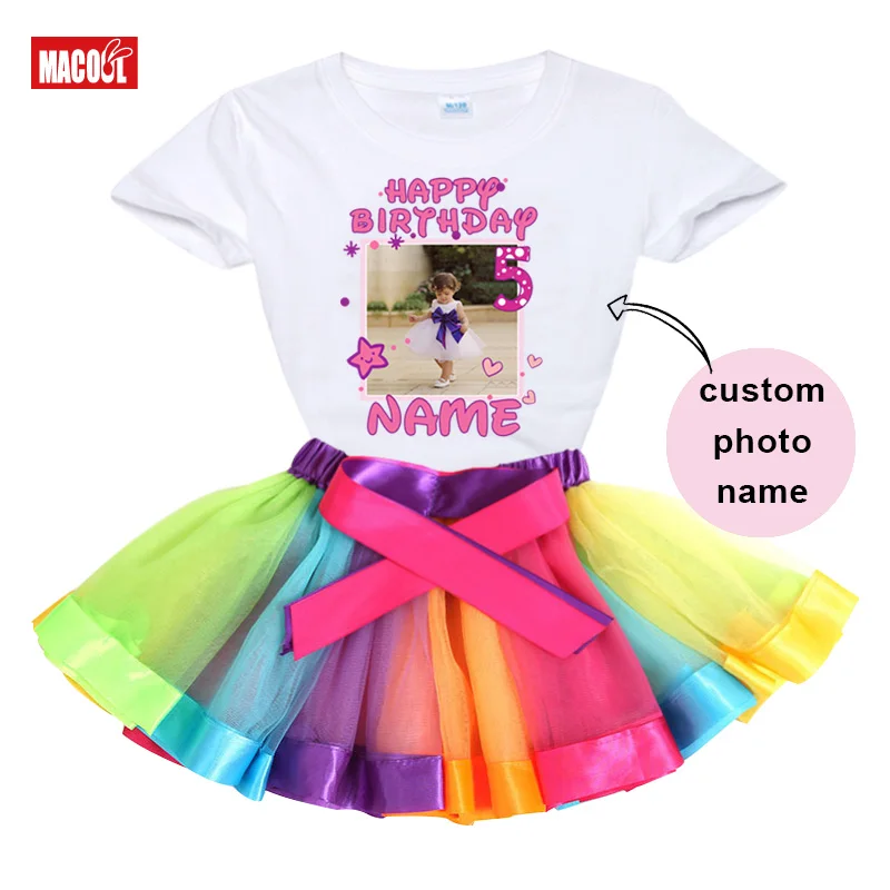 Girl Tutu Set Personalized T Shirt Photo Birthday Outfit Custom Name Shirt Girl Outfit Shirt Set Rainbow Kids Outfit Little Girl