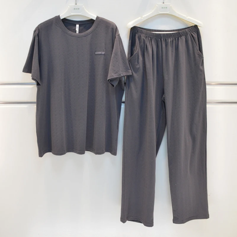 anziban-men's-knitted-cotton-sleepwear-round-neck-short-sleeve-long-pants-comfortable-casual-home-clothes-summer-2026
