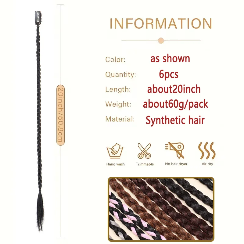 6pcs 20Inch Synthetic Long Box Straight Braid Ponytail Clip-In Hair Extension Mix Colors Hair Accessories for Women