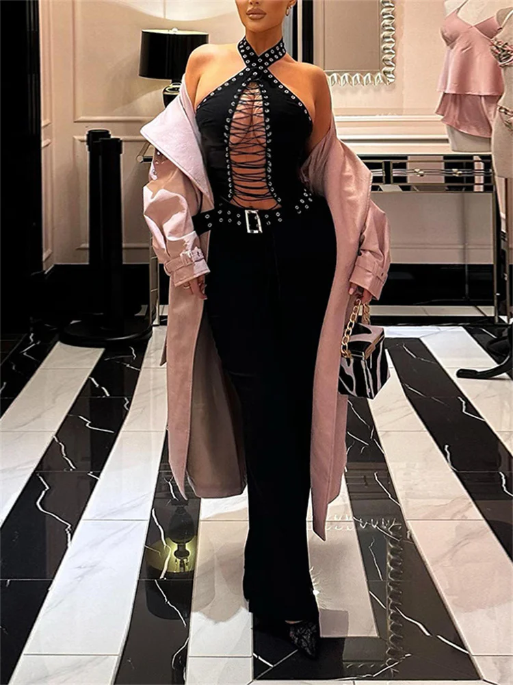 

Weird Puss Rings Patchwork Jumpsuit Women Halter Bandage Hollow Sexy Backless Sleeveless Trend Coquettish Party Clubwear overall