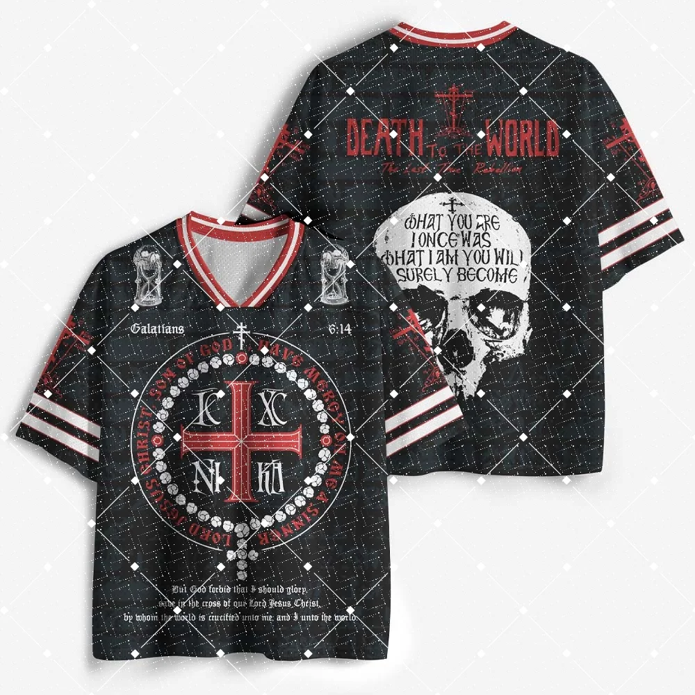 Gothic V‑Neck Jersey T‑Shirt Skull Cross Bible Verse Print Short Sleeve Striped Cuff Dark Punk Streetwear Hip‑Hop Oversized Tee