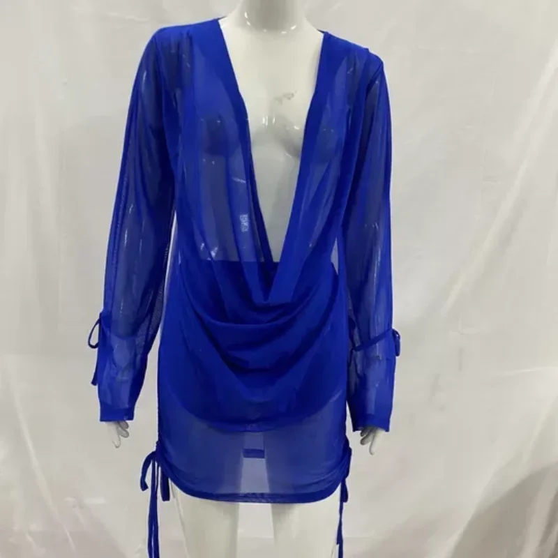 عميق الخامس خط العنق المنخفض مثير شبكة انظر من خلال عارية الذراعين كم طويل الرباط الصيف الصلبة Bodycon عناق الورك تنورة المرأة قطعتين مجموعة