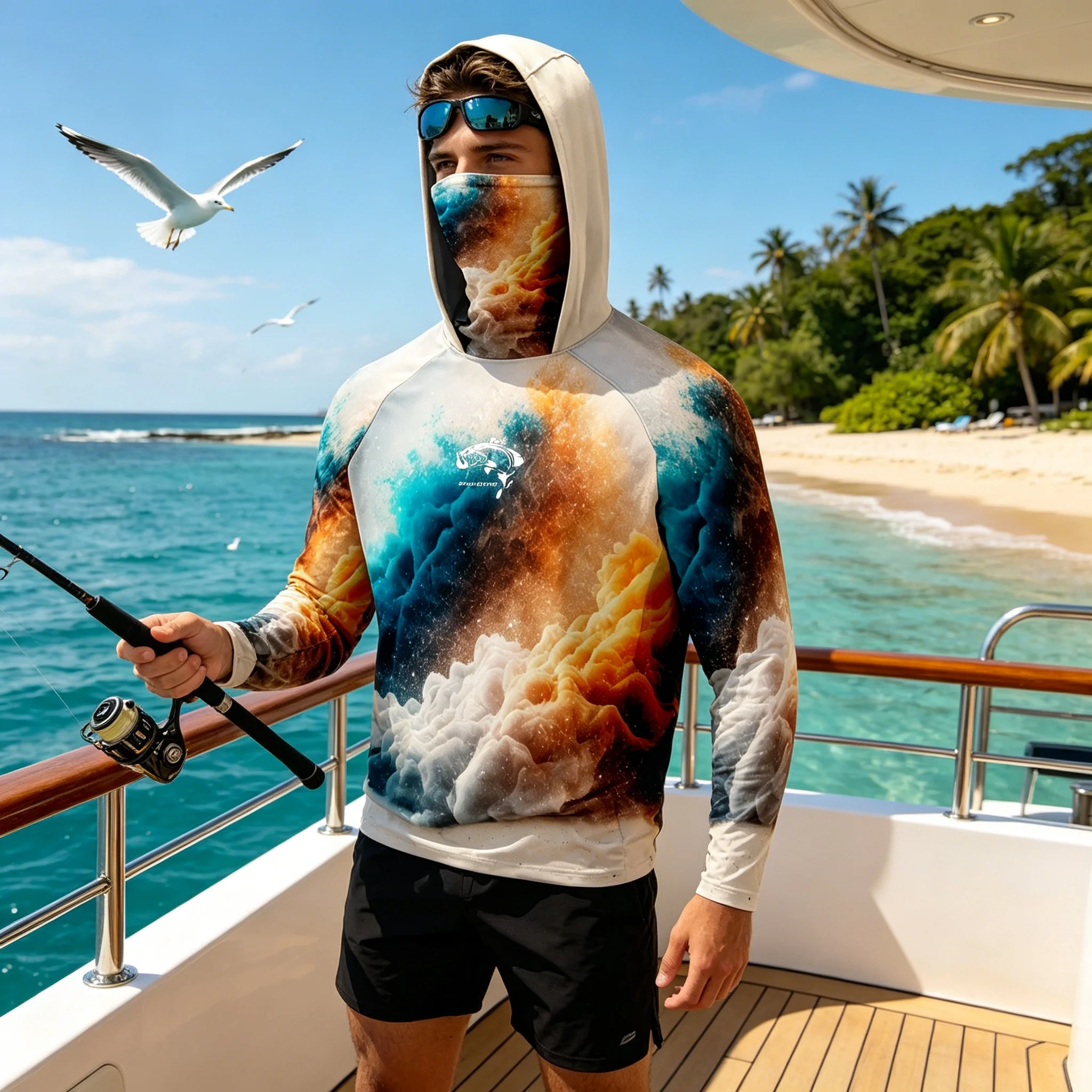 Men Fishing Hoodies Shirts UPF50+ Sun Protection Long Sleeve Quick Dry Breathable Mask Hooded Galaxy Print Anti UV Fishing Tops