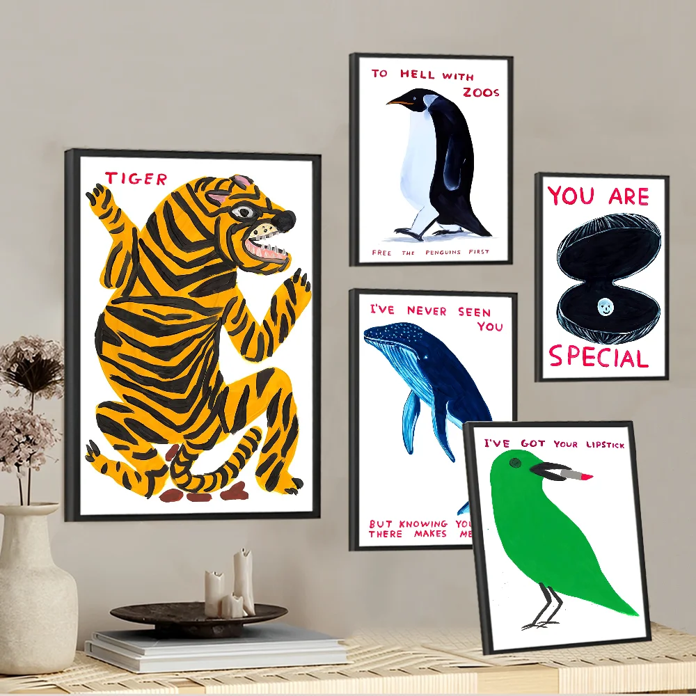 David Shrigley Tiger Penguin Whale Shell Cat Classic Vintage Posters Decoracion Painting Wall Art White Kraft Paper Kawaii Room