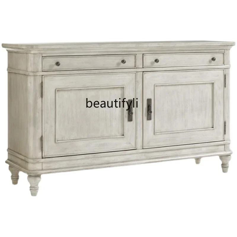 

American Style French Style Country Solid Wood White as Old Retro Style Entrance Cabinet Storage Sideboard Cabinet