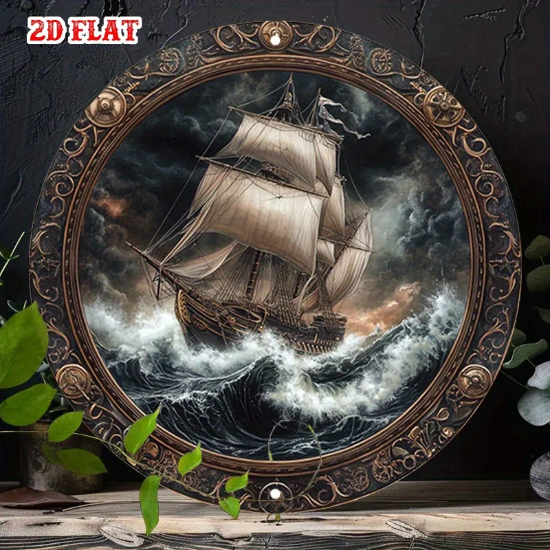HD Tin Sign, Vintage Sailing Ship in Storm Round Metal Wall Art, Nautical Ocean Decor for Home Living Room Bar