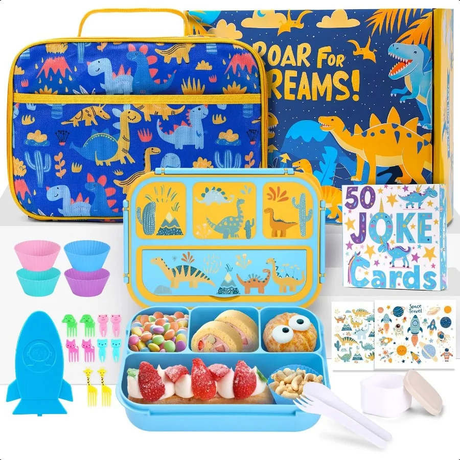 

Bento Box for with Insulated Lunch Bag Toddler Lunch Box Containers for Boys School Dinosaur lunch Box Set with 4 Compartments