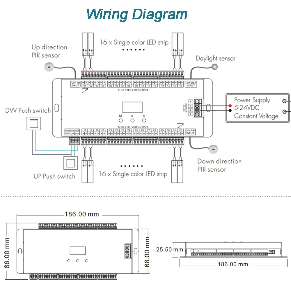 PIR Sensor Stair Light Controller, 6 Run Modes, Running Light, Sob Stair Tread Control, Indoor LED, 32 CH, DC 12V, 24V