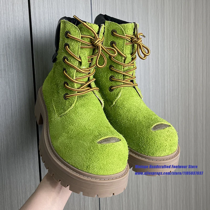 Red Suede Thick Sole Men's Boots Round Toe Platform Lace Up Ankle Booties Luxury Designer Trendy Height Increasing Men's Boots view 5