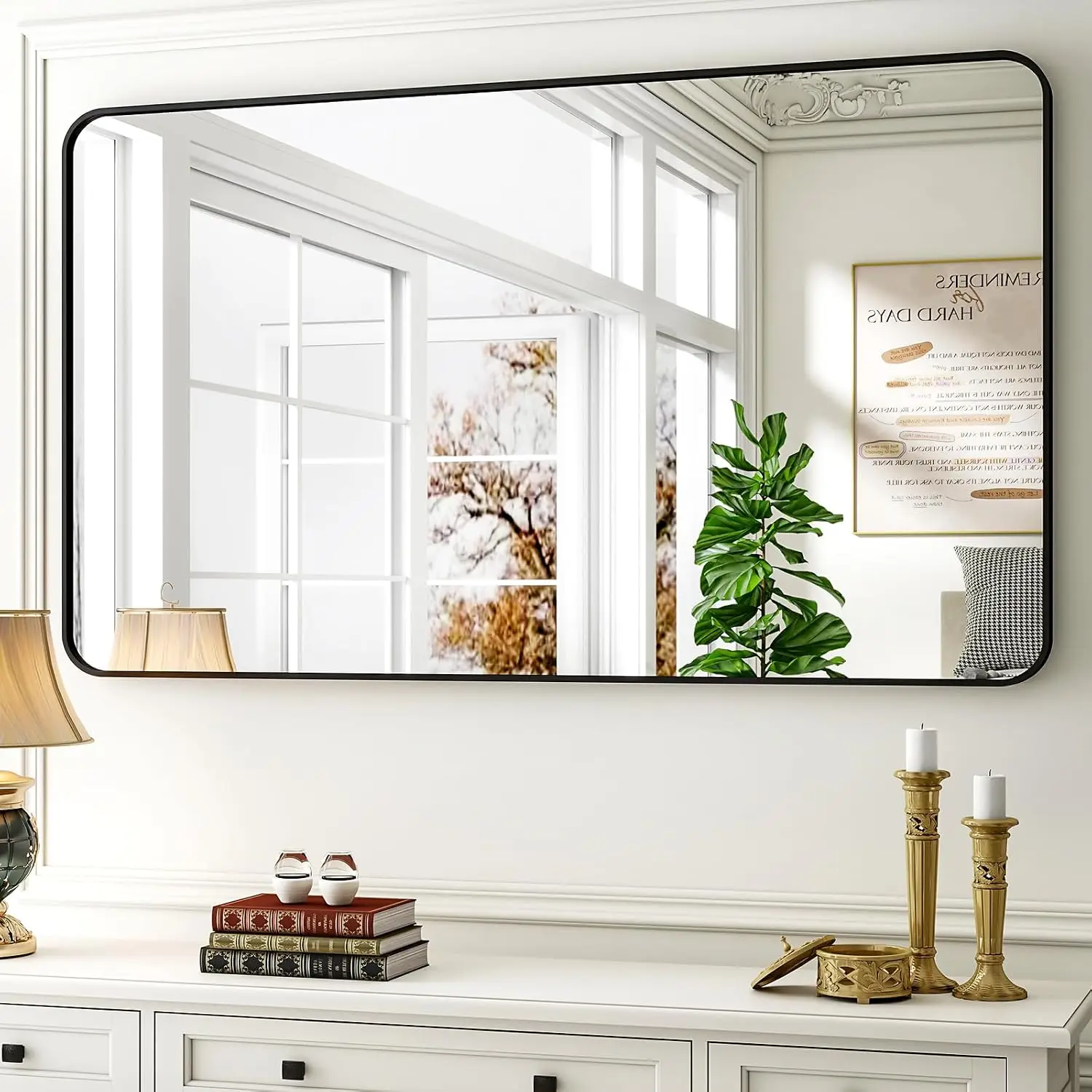 30 X 48 Inch Bathroom Mirror Rounded Rectangular Vanity Wall Modern Room Decor Black Framed Wall Mounted Home Hangs Horizontally