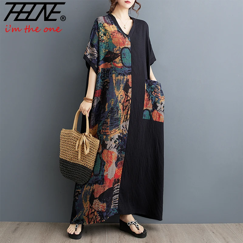 THHONE Summer Dress Women Vintage Loose Print Patchwork Pockets Beach Vestidos De Mujer Casual Bohemian Robe Long Maxi Dresses