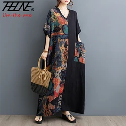 THHONE Summer Dress Women Vintage Loose Print Patchwork Pockets Beach Vestidos De Mujer Casual Bohemian Robe Long Maxi Dresses