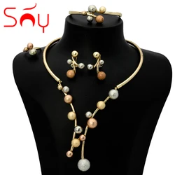 Sunny Jewelry Costume Set Lucky Ball Three Tone Earrings Necklace Bracelet Ring For Women Bridal Wedding Anniversary Gift Party