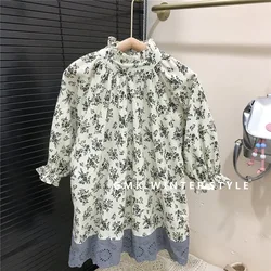 2026 Spring Retro Children Girls Dress Cotton Floral Printed Spliced Hem Babys Girls Dress 1-8Y Kids Girl Soft Long Sleeve Dress