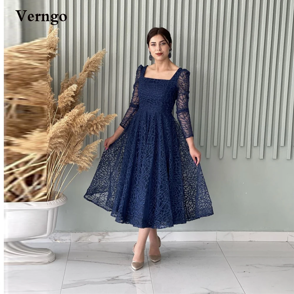 

Verngo Modest Navy Blue Lace Prom Dresses Square Neck Long Sleeves Midi Length Mother Bride Formal Party Dress Vintage Gown