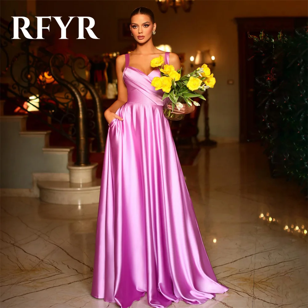 

RFYR Pink V Neck Prom Dress Beach Stain Party Dresses Spaghetti Strap Celebrity Gowns Pleat Wedding Party Dress вечерние платья