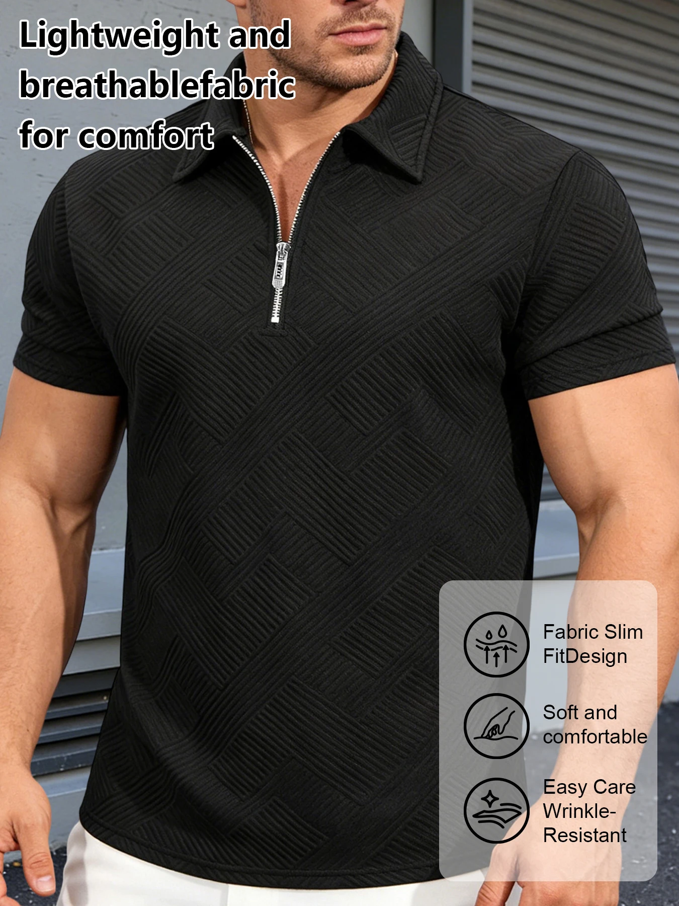 Men Geometric Textured Half-Zip Polo Shirt Breathable Anti-Pilling Short Sleeve Slim Fit Wrinkle-Resistant Casual Summer KnitTop