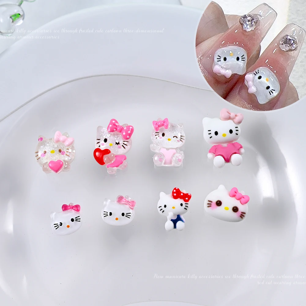 10 шт., мини-красные, розовые подвески для ногтей «Hello Kitty», милый котенок, кот, бант, сердце, смола, дизайн ногтей, стразы, сделай сам, поделки, украшение для маникюра