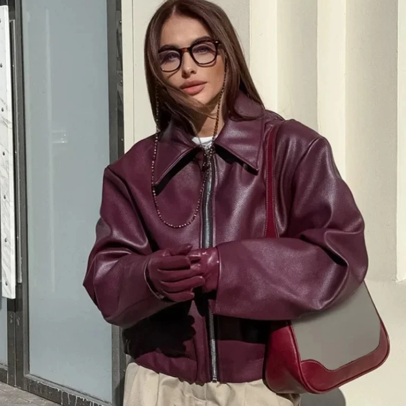 Straße Leder Damen Jacke Weinrot Drehen Unten Langarm Pu Weibliche Mäntel 2024 Vintage Tasche Zipper Motorrad Dame Outwears