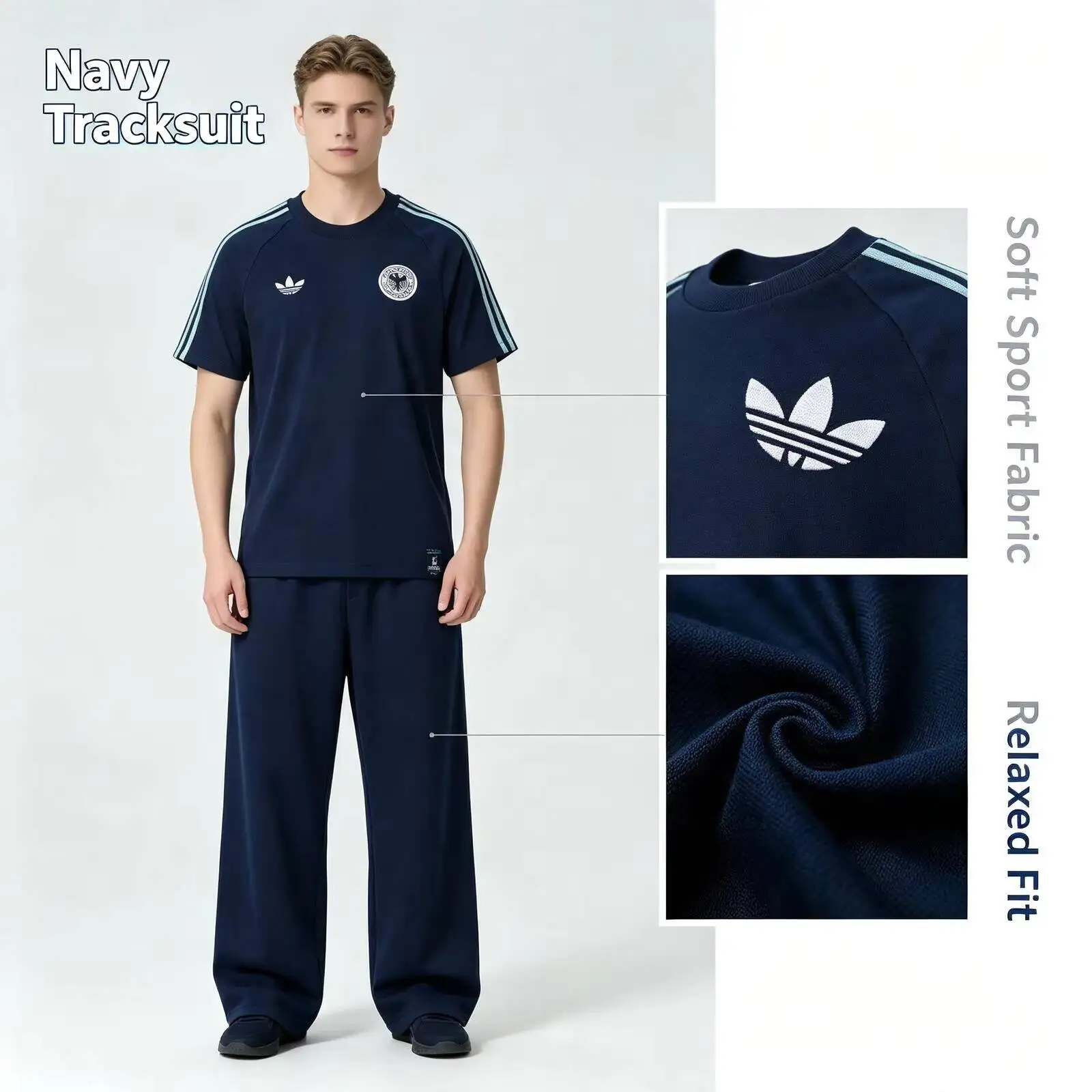 New Adidas Authentic Navy Tracksuit Women 2-Piece Soft Breathable Casual Sport Set Short Sleeve Top Sweatpants Jz9342