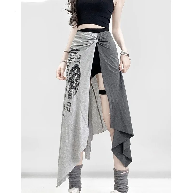 Women's A-Line Midi Skirt Asymmetrical Slit Sporty Retro Lettering Casual Long Skirt Korean Style Commute Polyester Fiber