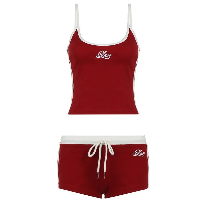 Woman Matching Sets Patchwork Embroidery Letter Tights U-neck Sling Drawstring Mini Shorts Sets Casual Female Tank Tops Sets view 5