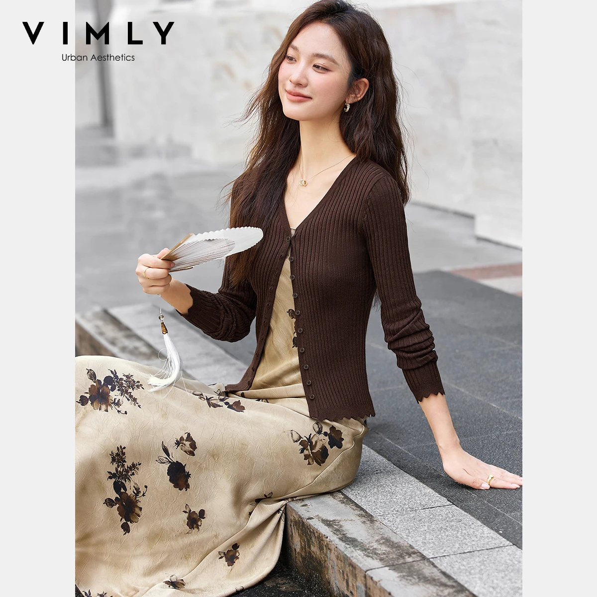 VIMLY 女性ドレスセット 2 枚秋 2025 ブラウンニットスリムカーディガンロングサスペンダードレスエレガントな女性のスーツ A2396