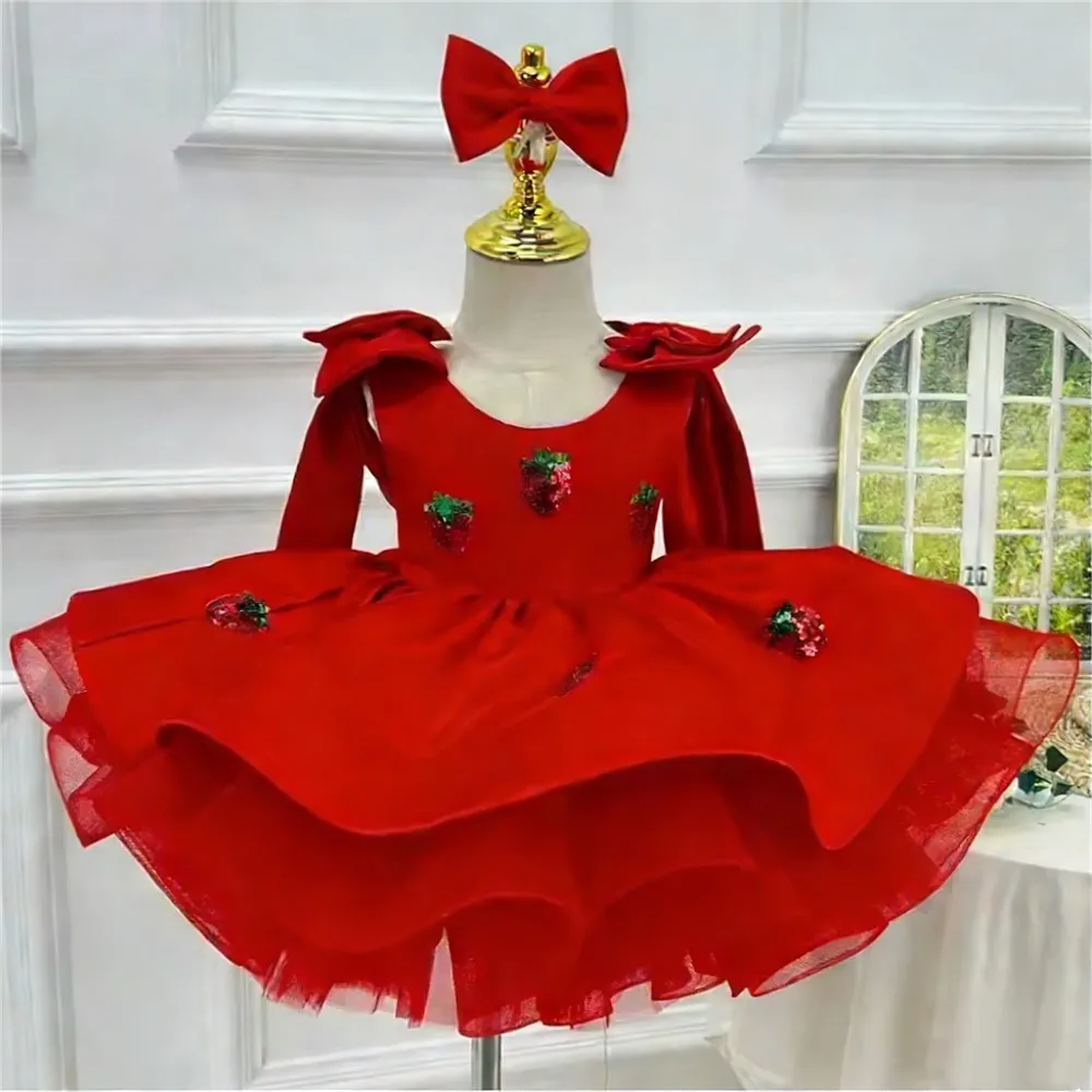 

Luxury Elegant Satin Flower Girl Wedding Dress Sleeveless with Bow Sequins Fluffy Princess Cake Dress Birthday Party Ball Gown