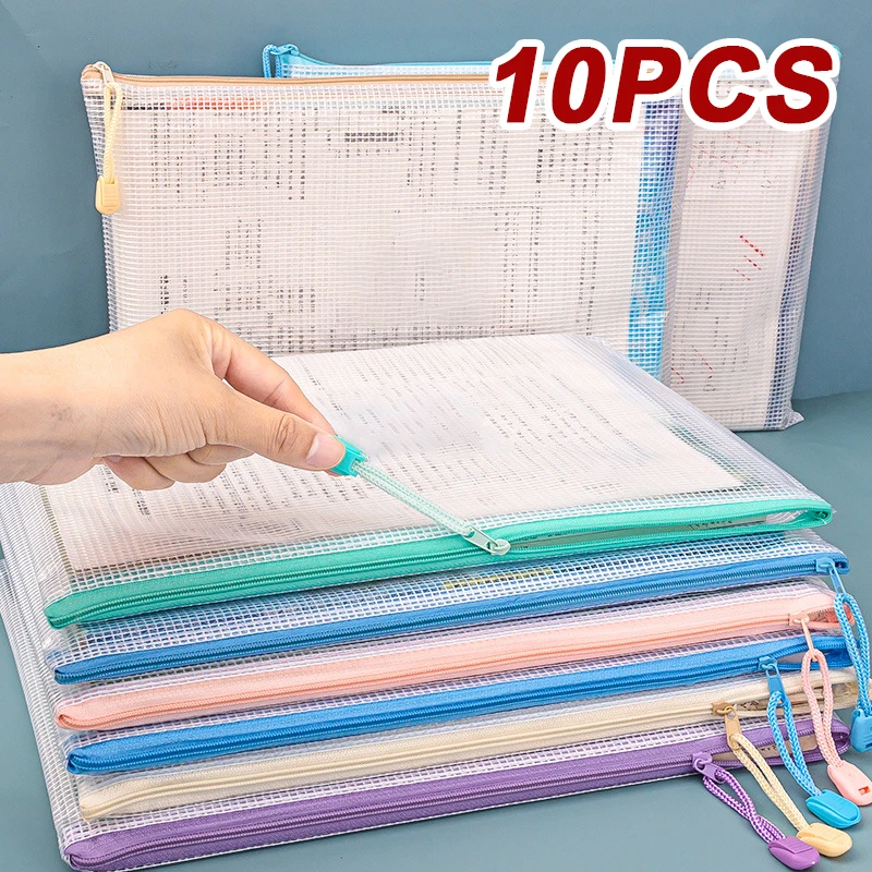 10Pcs Mesh Zipper Pouch Document Bag Waterproof Zip File Folders A4 A5 Size Office School Supplies Storage