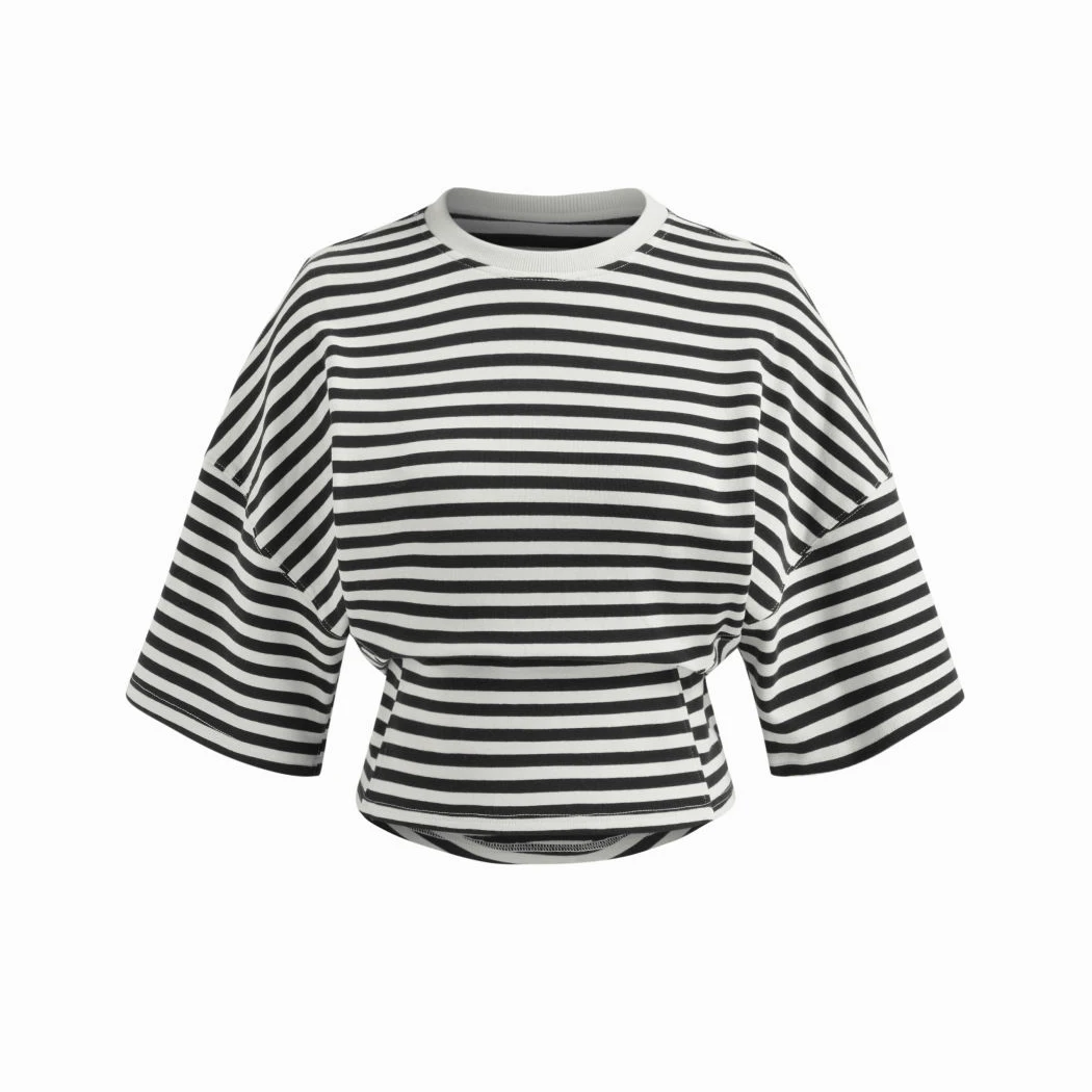 

CUTENOVA Women'S Fall New Round Neck Pullover Irregular Stripe Mid-Sleeve Top T-Shirt Fashionable Minimalist Casual Streetwear