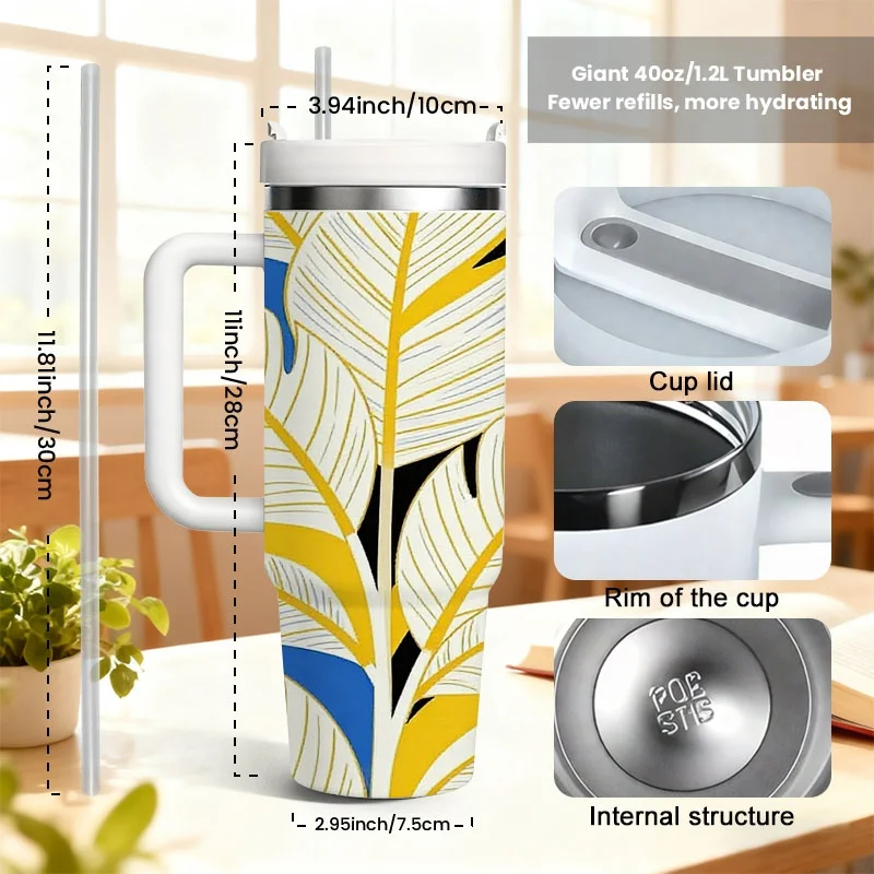 Vibrant Stylized Botanical Print 40Oz Stainless Steel Insulated Tumbler, Digital Printed Bold Graphic Mug with White Yellow-Outlined Leaves Against Pink Blue Black Background, Reusable Drink Cup for Home Office Outdoor Daily Use