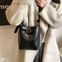 LEFTSIDE Belt Design Pu Leather Shoulder Bags for Women 2024 Winter Fashion Small Handbags and Purses Bucket Crossbody Bag