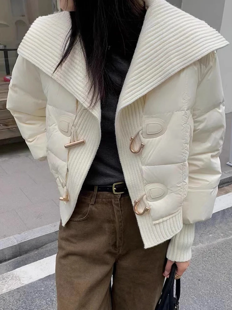 

Faionable Knitted Patchwork down Cotton Jaet Women's Long Sve Coat Large Collar Slimming Autumn Winter Outerwear