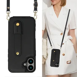 Retro Lychee Grain Wrist Band Phone Case for iPhone 16 15 14 13 12 11 Pro Max 17 PU Leather Card Pocket Cover with Neck Strap