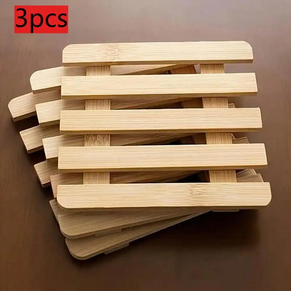 

Set Of Three Bamboo Trivets - Stackable Natural Wood Table Protectors For Hot Dishes, Pots, And Pans - Kitchen & Dining Accessories, Bamboo Kitchen Utensils, Pot Holders, Smooth Surface, Durable Construction, Heat Resistant Pads