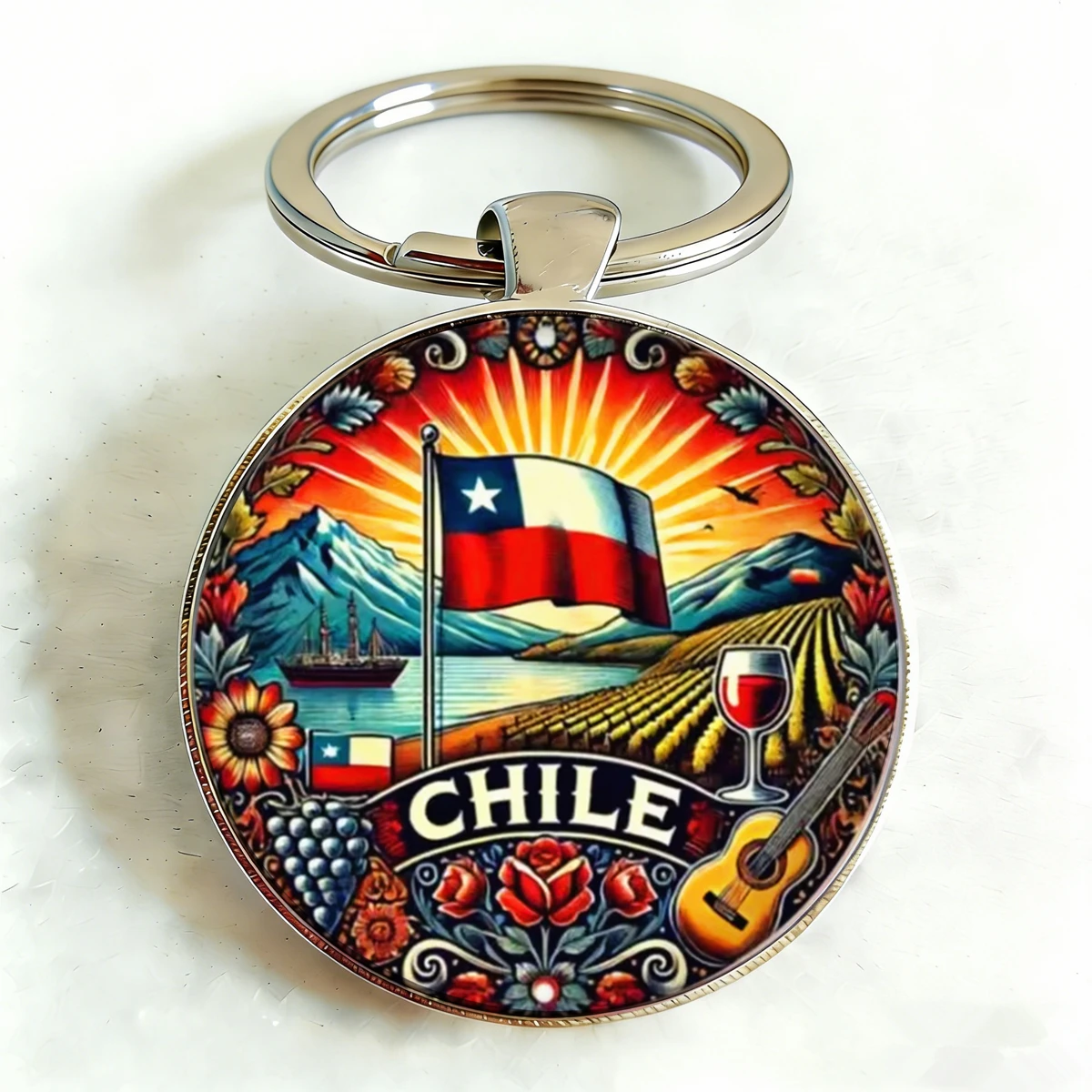 1PC Chile Souvenir Keychain, Glass Dome Metal Key Chain, Chilean Flag Charm for Car Keys Bag Chile Travel Souvenir for Women Men