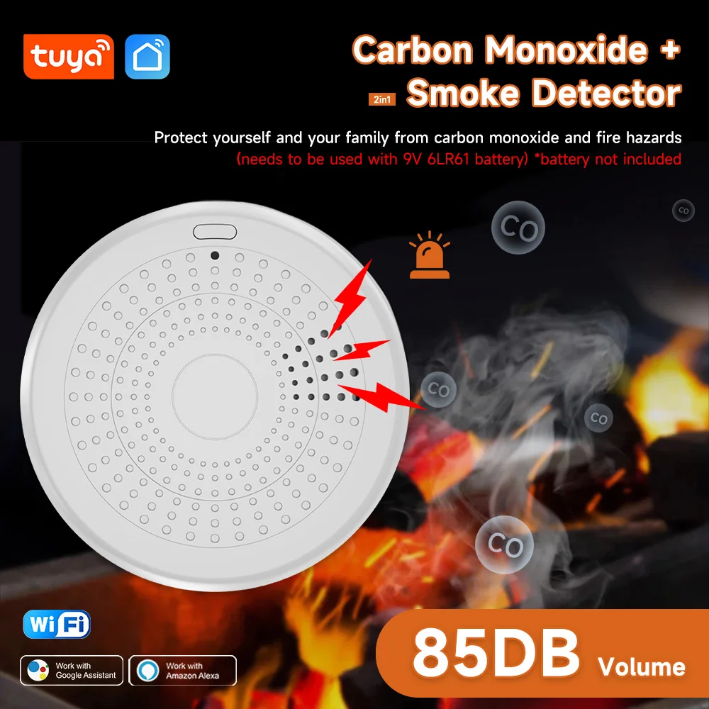 Tuya 2-in-1 WiFi/ZigBee Smoke Alarm & Carbon Monoxide Sensor Wireless Remote Monitoring Home Security Dual Sensor with Alexa & G