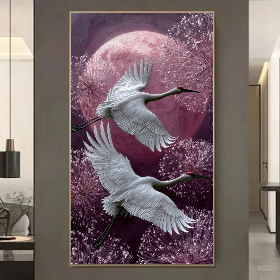 5D Diamond Painting Kit Oriental Two Red Crowned Cranes Sunset Marsh River Scenery Full Diamond Art Living Room Wall Decoration