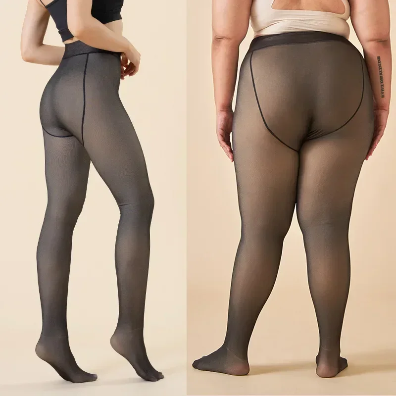 Plus Size Women's Fleece Warm Winter Tights Leggings Thick Fleece Panty Fake Translucent Pantyhose T