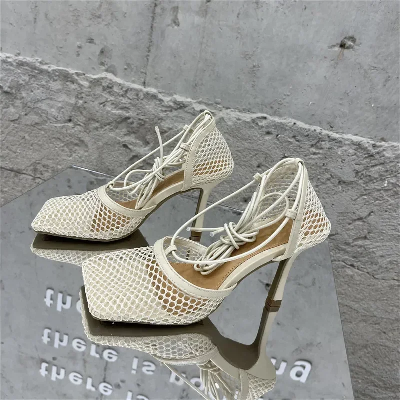 Sexy Mesh Pumps Sandals Female Square Toe High Heel Lace Up Cross-Tied Stiletto Hollow Dress Shoes