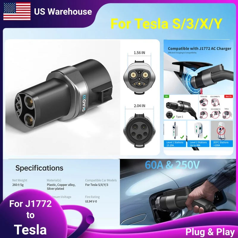 QIAO EV Charger Adapter Type1 J1772 to For Tesla TS-NACS Socket Conversion Socket Electric Vehicle Car Charging For Tesla Model3