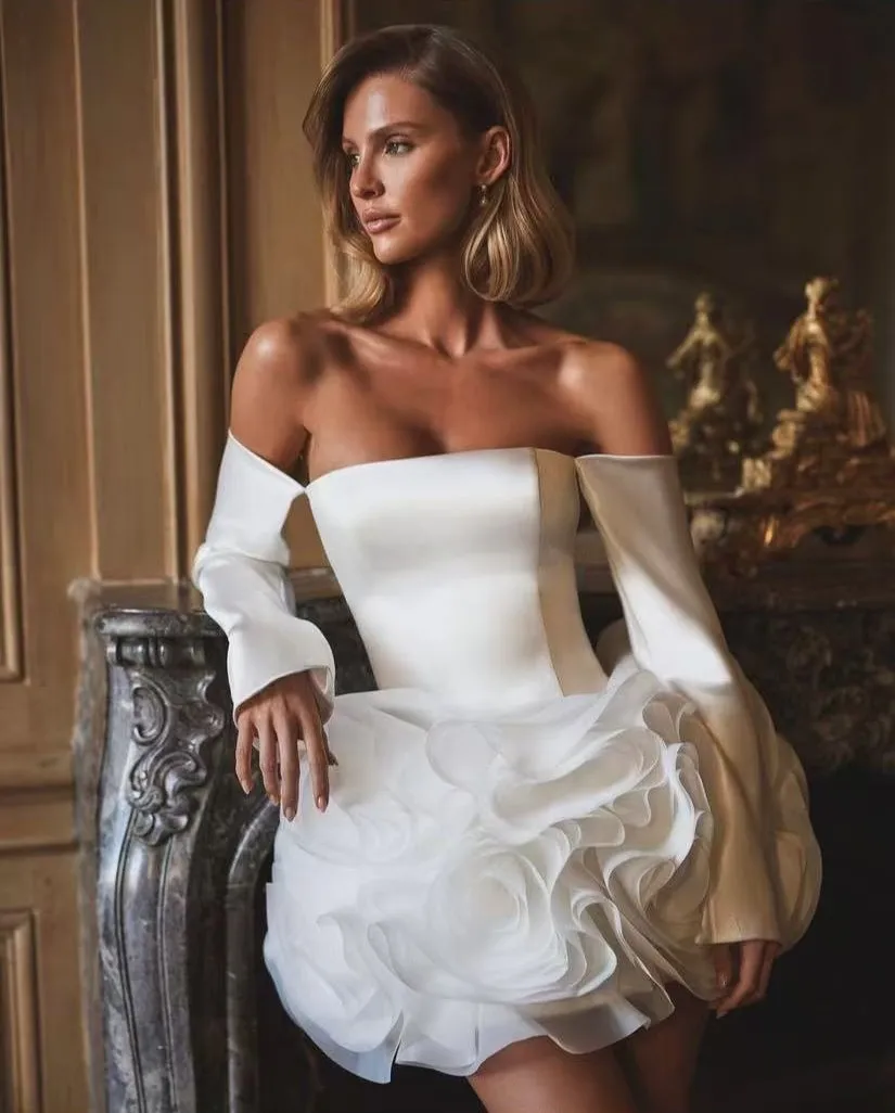 Kurze Ballkleider mit Puffärmeln, schulterfrei, Korsett, Blumenmuster, 3D-Partykleid, Damen-Abschlussballkleider, Blumenweiß