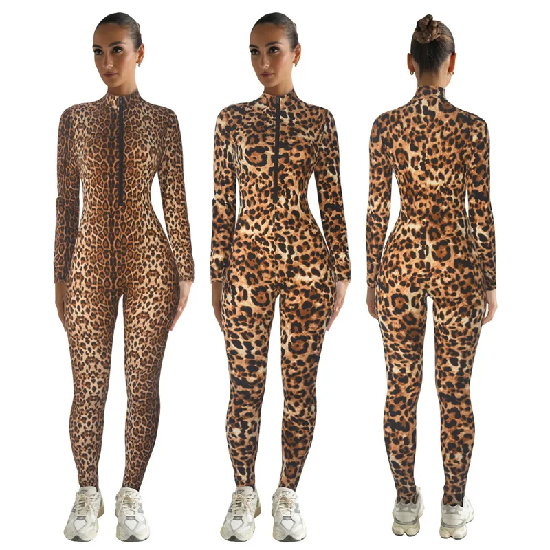 

Женский цельный комбинезон с леопардовым принтом для тренировок, комбинезон на молнии с длинным рукавом и воротником-стойкой, сексуальный комбинезон для вечеринок в клубе