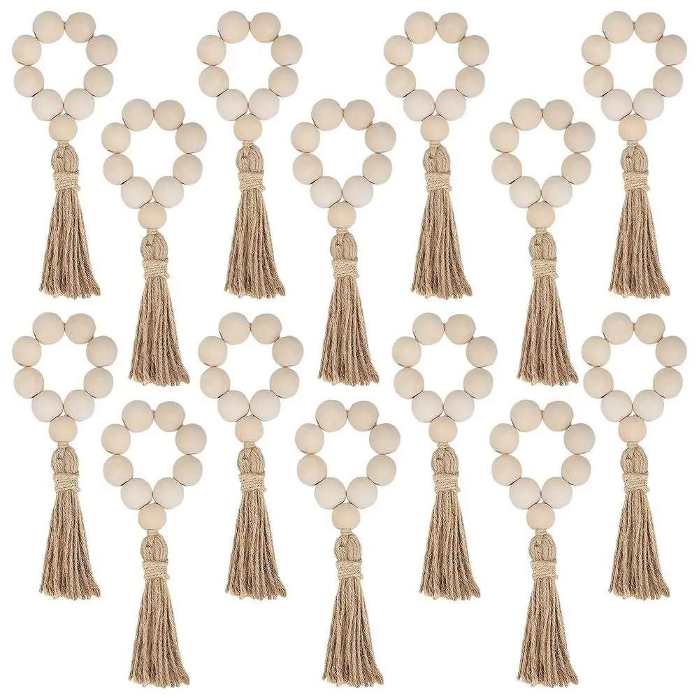 1/12PCS Wood Bead Napkin Rings Garland With Tassels Farmhouse Beads Rustic Country Table Napkin Holder Weddings Home Boho Decor