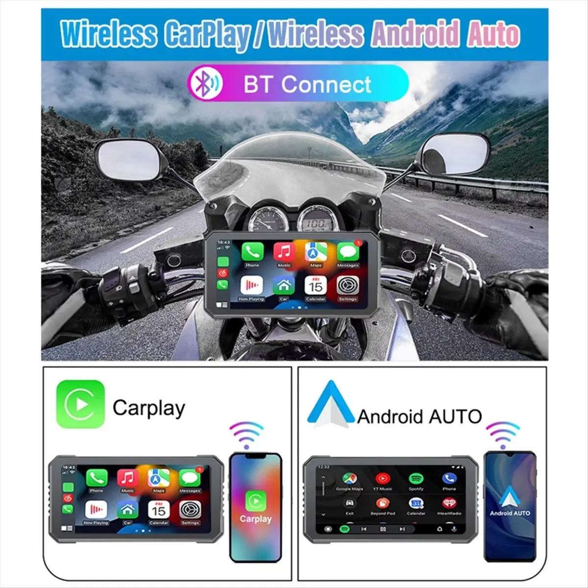Compatible 6.25 Inch Motorcycle DVR Wireless CarPlay for Android Auto GPS Navigation Monitor Bluetooth Waterproof Touchscreen