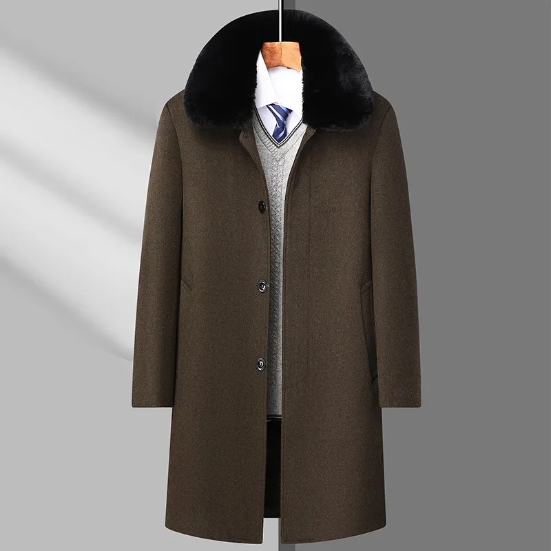 

Новое зимнее мужское шерстяное пальто средней длины с замшевым воротником и толстой шерстяной курткой с флисом