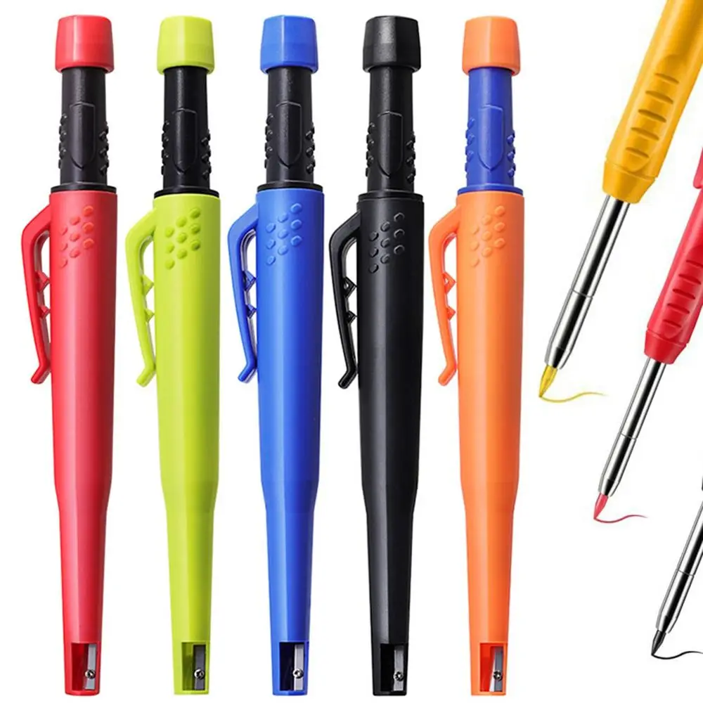 Plastic Carpenter Pencil Leads Non-Slip Grip Woodworking Marker Pen Built-In Sharpener Retractable Clip Deep Hole Pencil